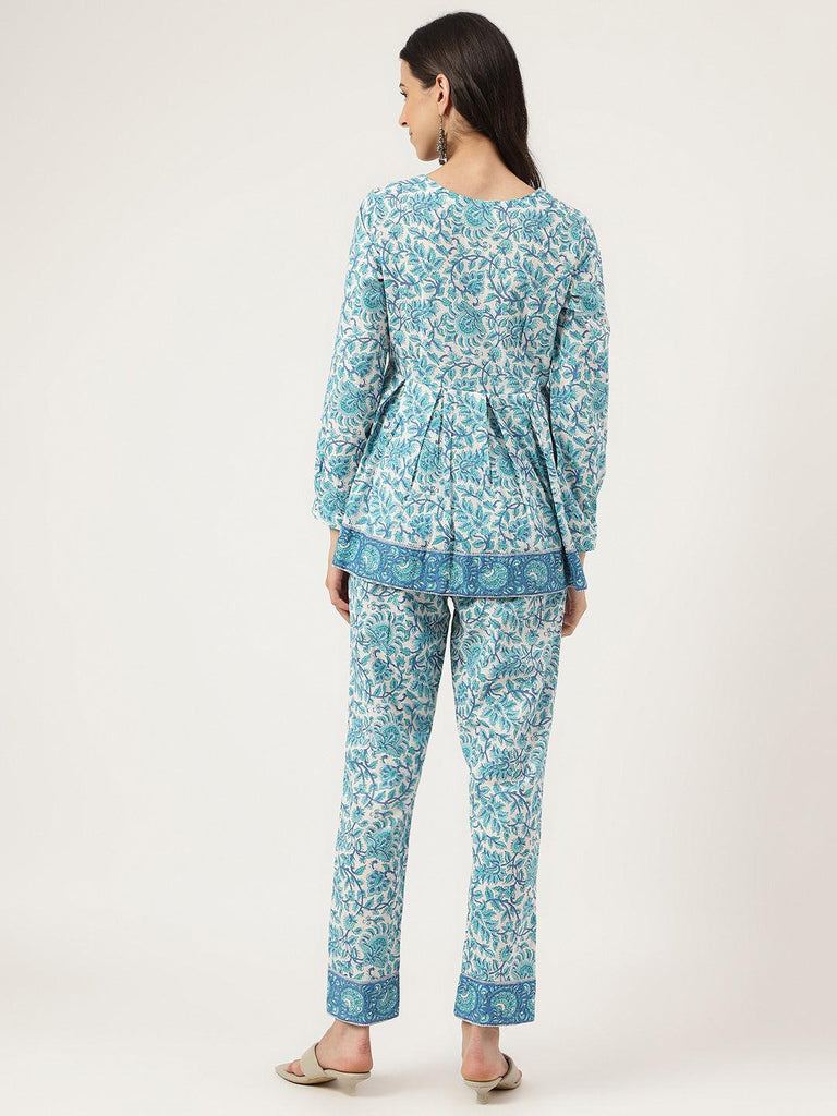 Women's White Floral Printed Cotton Peplum Top Pant Co-ords Sets