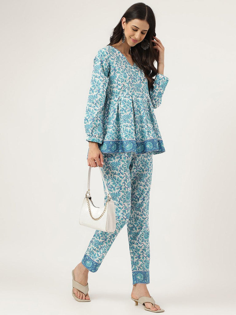 Women's White Floral Printed Cotton Peplum Top Pant Co-ords Sets