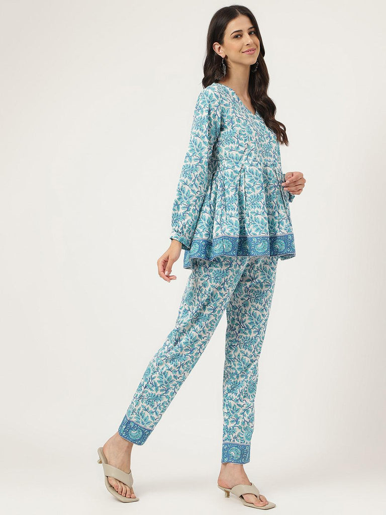 Women's White Floral Printed Cotton Peplum Top Pant Co-ords Sets