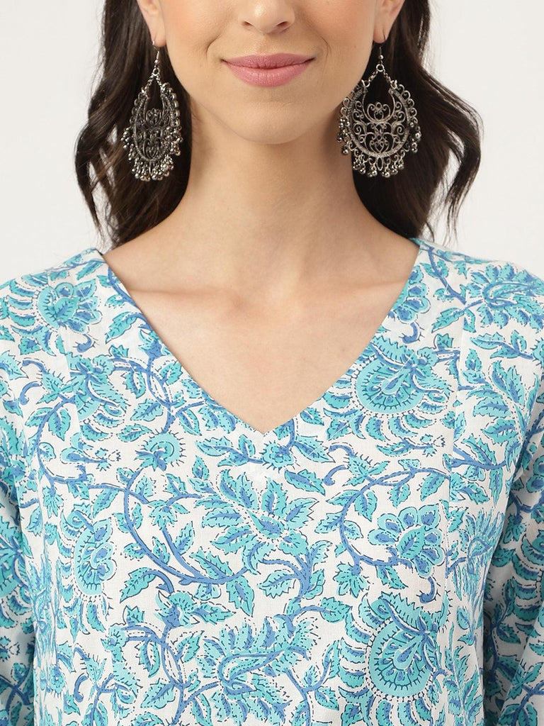 Women's White Floral Printed Cotton Peplum Top Pant Co-ords Sets