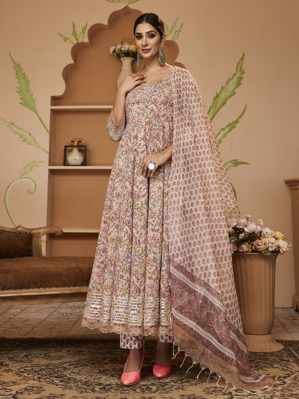 Women's Hand block Floral Printed Beige Anarkali Cotton Kurta With Trousers & Dupatta - Taantav