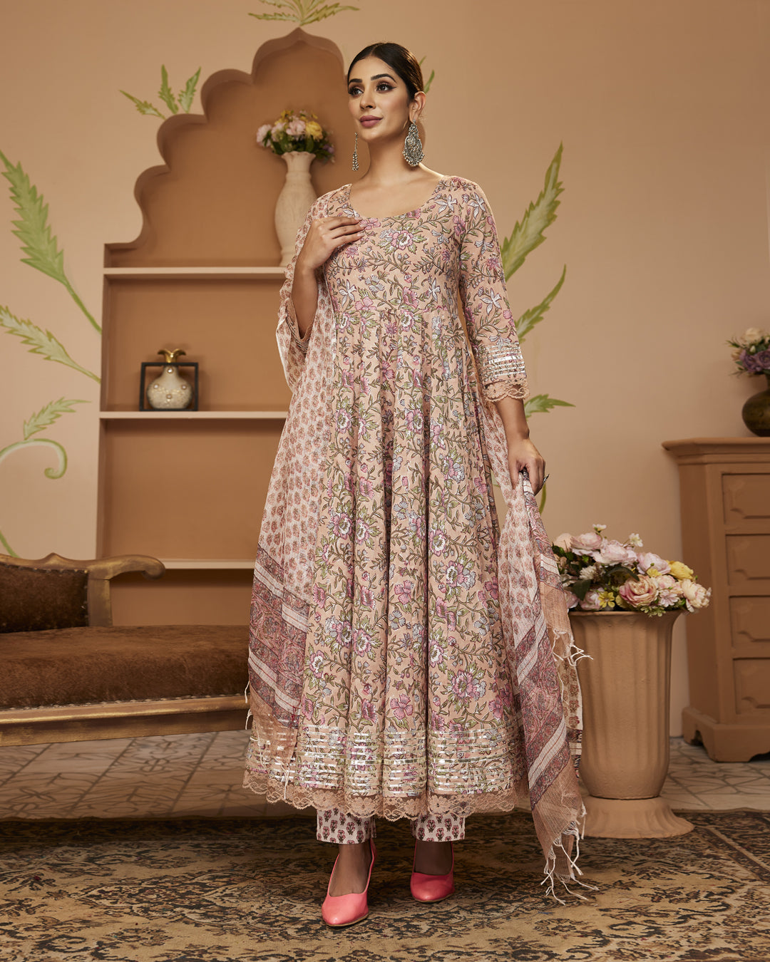 Women's Hand block Floral Printed Beige Anarkali Cotton Kurta With Trousers & Dupatta - Taantav