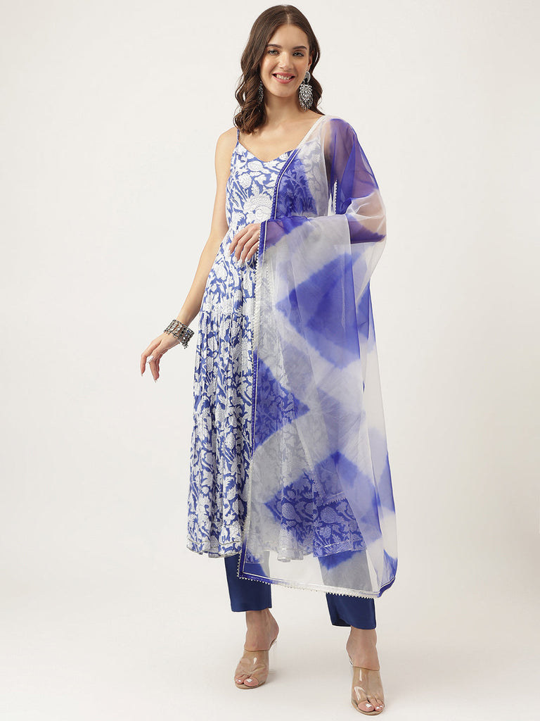 Women's Blue Muslin Floral Printed Kurta, Trouser with Dupatta Set