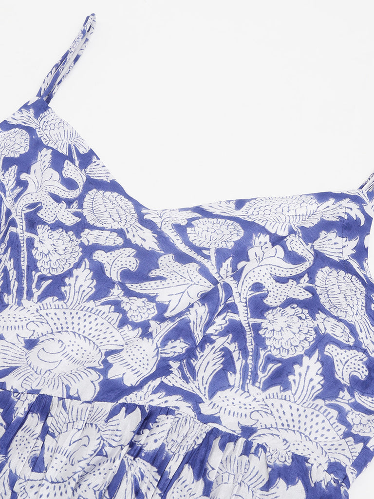 Women's Blue Muslin Floral Printed Kurta, Trouser with Dupatta Set