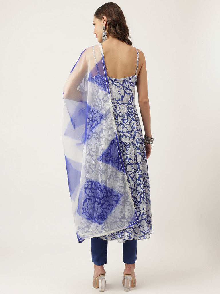 Women's Blue Muslin Floral Printed Kurta, Trouser with Dupatta Set