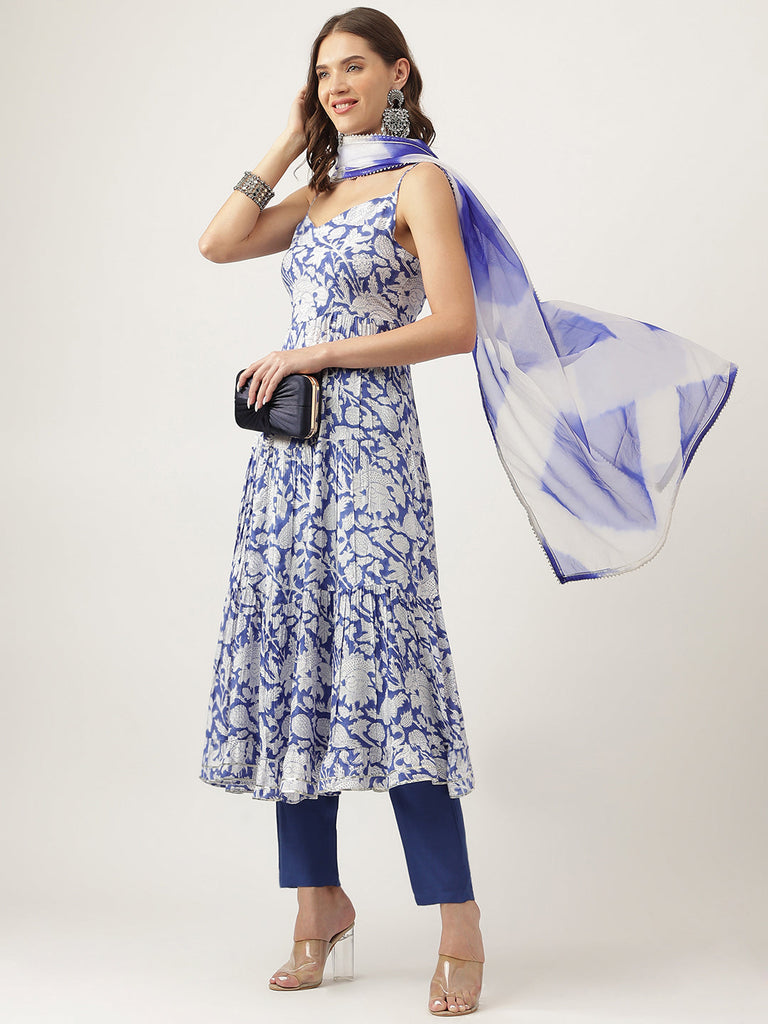 Women's Blue Muslin Floral Printed Kurta, Trouser with Dupatta Set