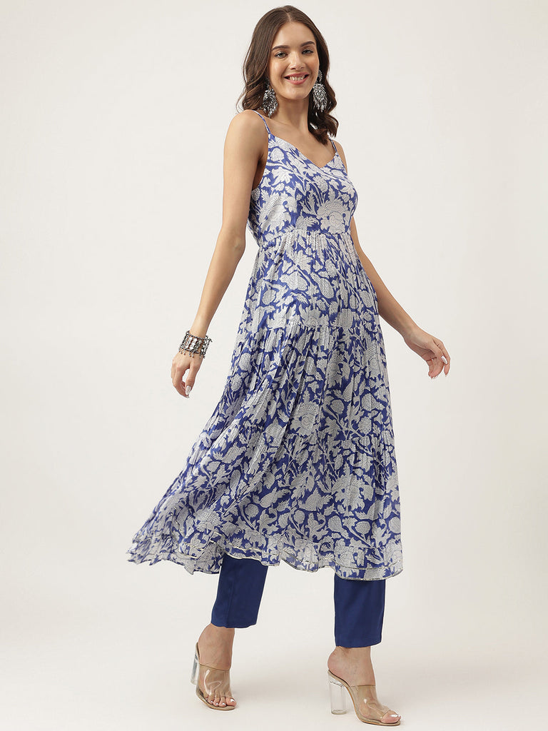 Women's Blue Muslin Floral Printed Kurta, Trouser with Dupatta Set