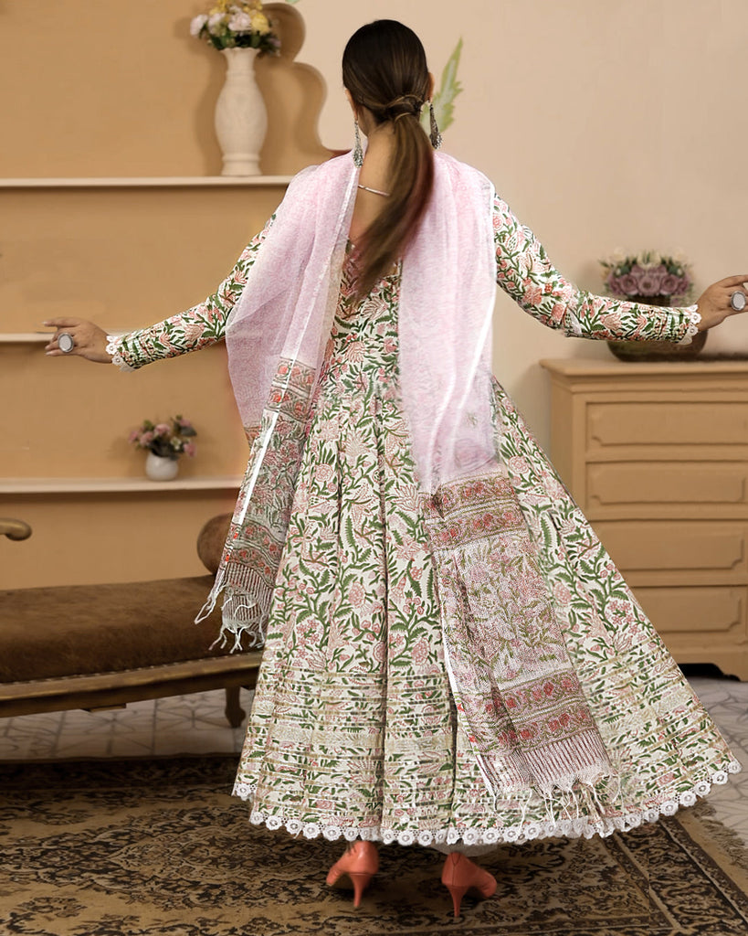 Women's Hand block Printed Green Anarkali Cotton Kurta With Trousers & Dupatta