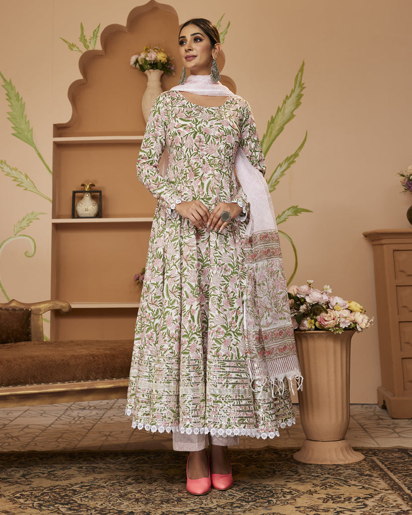 Women's Hand block Printed Green Anarkali Cotton Kurta With Trousers & Dupatta