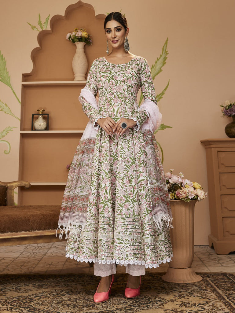 Women's Hand block Printed Green Anarkali Cotton Kurta With Trousers & Dupatta