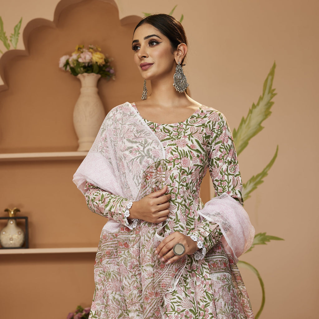 Women's Hand block Printed Green Anarkali Cotton Kurta With Trousers & Dupatta