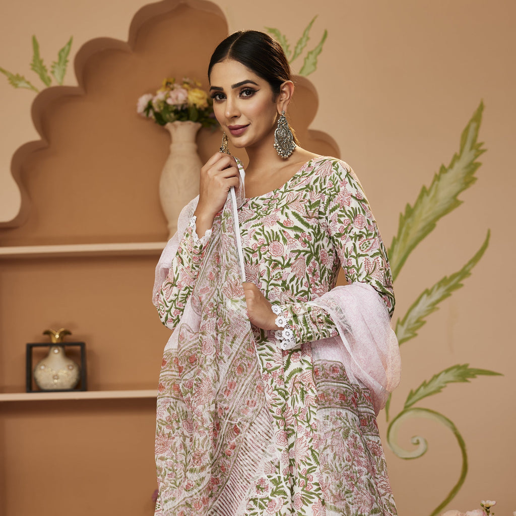 Women's Hand block Printed Green Anarkali Cotton Kurta With Trousers & Dupatta
