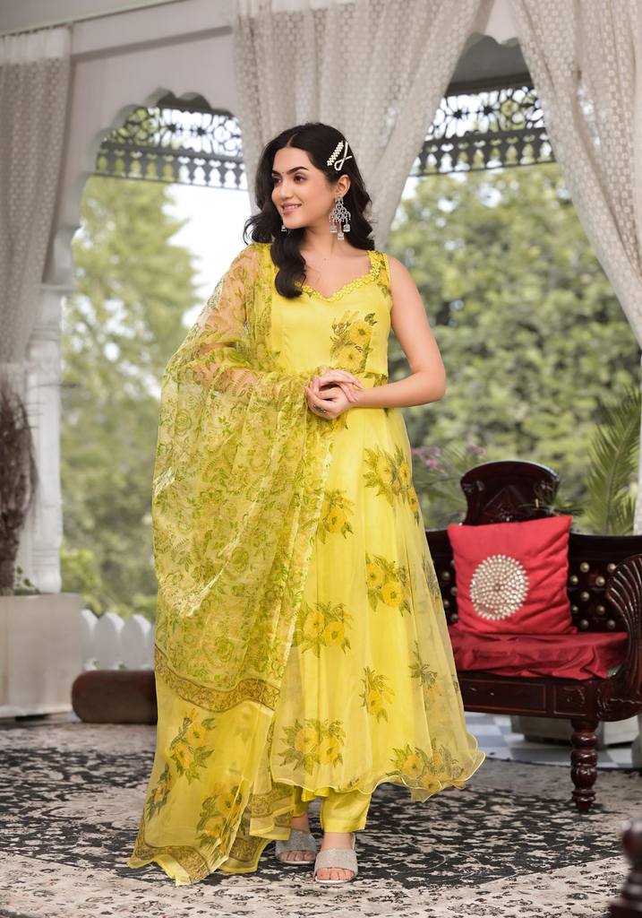 Women's Light Yellow Hand Painted Floral Organza Anarkali Kurta Pant Set with Dupatta