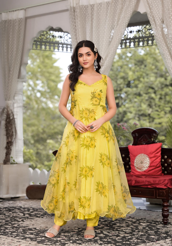 Women's Light Yellow Hand Painted Floral Organza Anarkali Kurta Pant Set with Dupatta