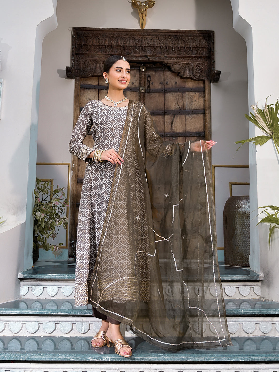 Women's Brown Asymmetric Print Muslin Anarkali kurta pant with Dupatta Set - Taantav