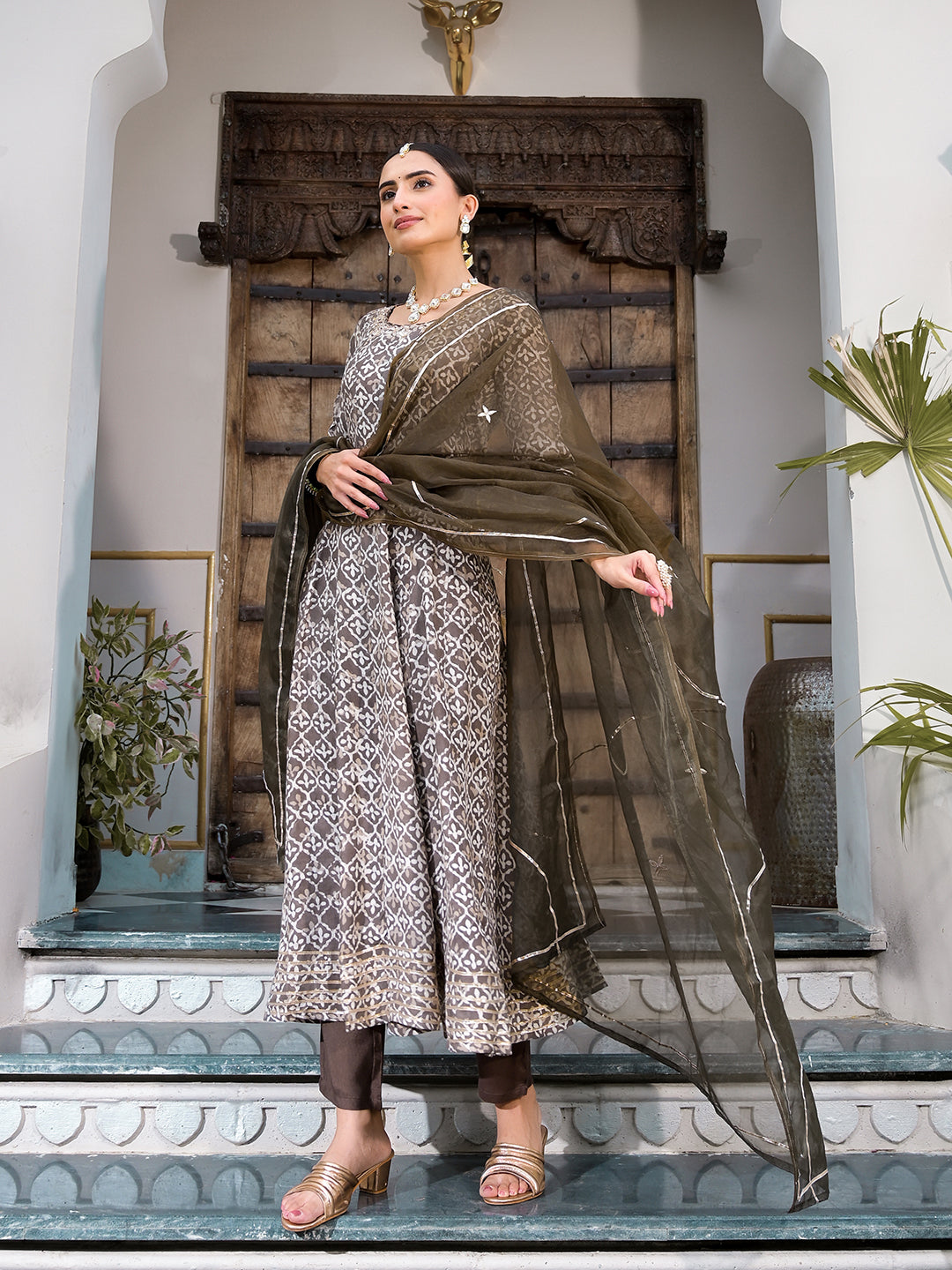 Women's Brown Asymmetric Print Muslin Anarkali kurta pant with Dupatta Set - Taantav