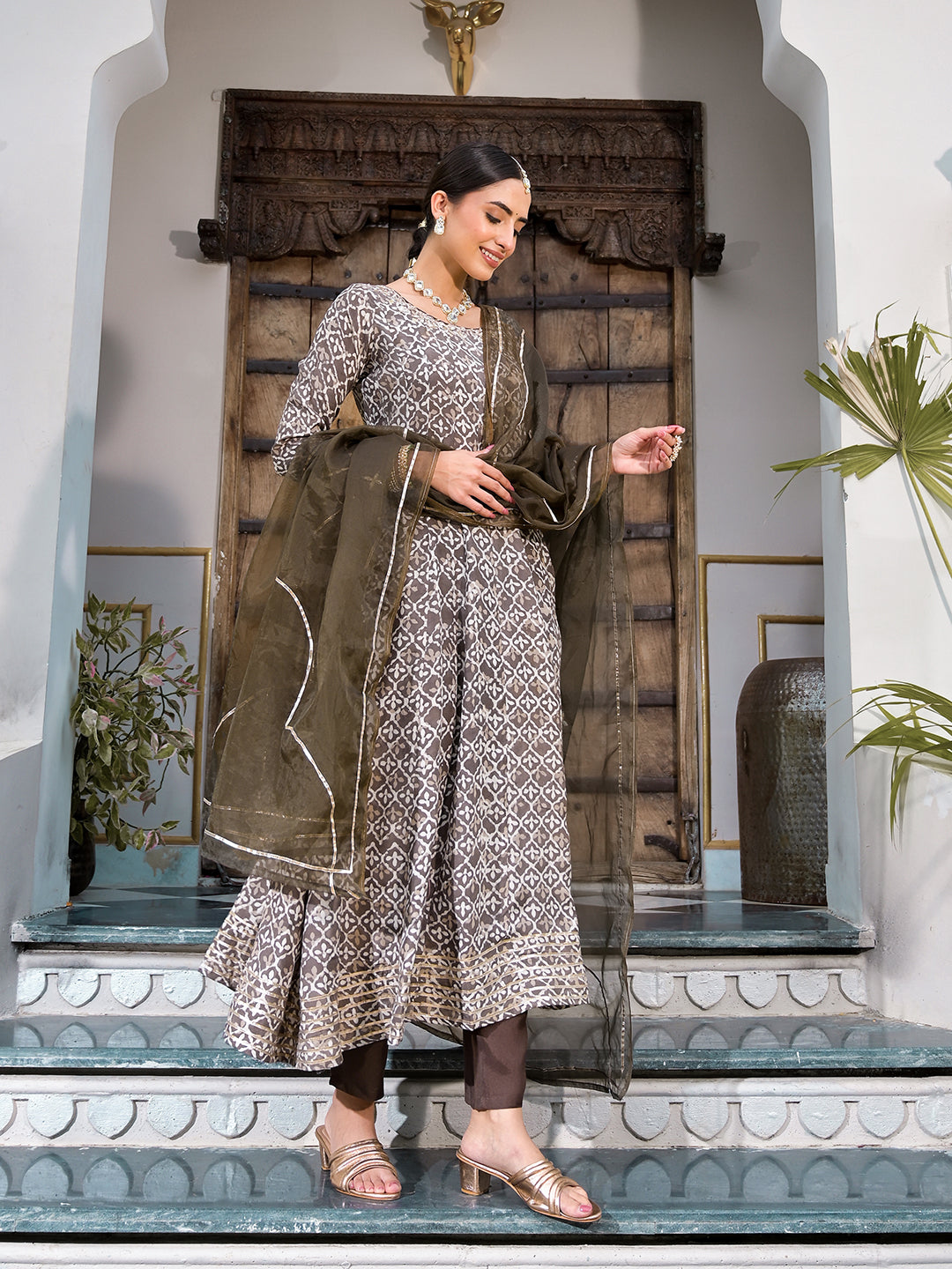 Women's Brown Asymmetric Print Muslin Anarkali kurta pant with Dupatta Set - Taantav