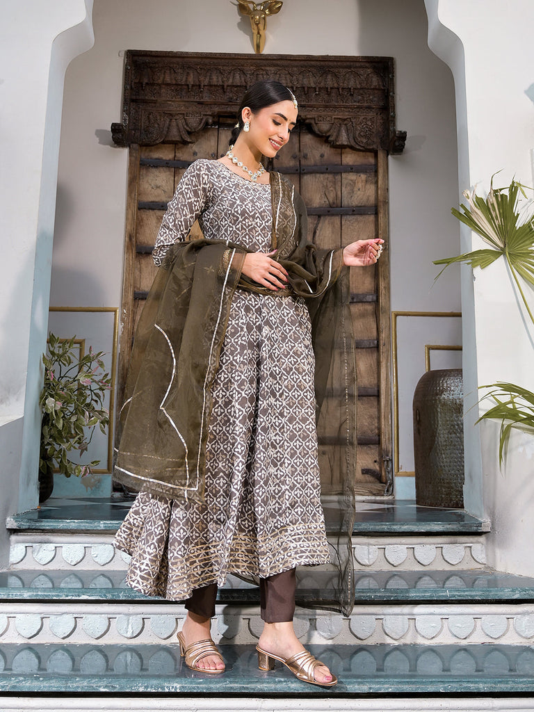 Women's Brown Asymmetric Print Muslin Anarkali kurta pant with Dupatta Set