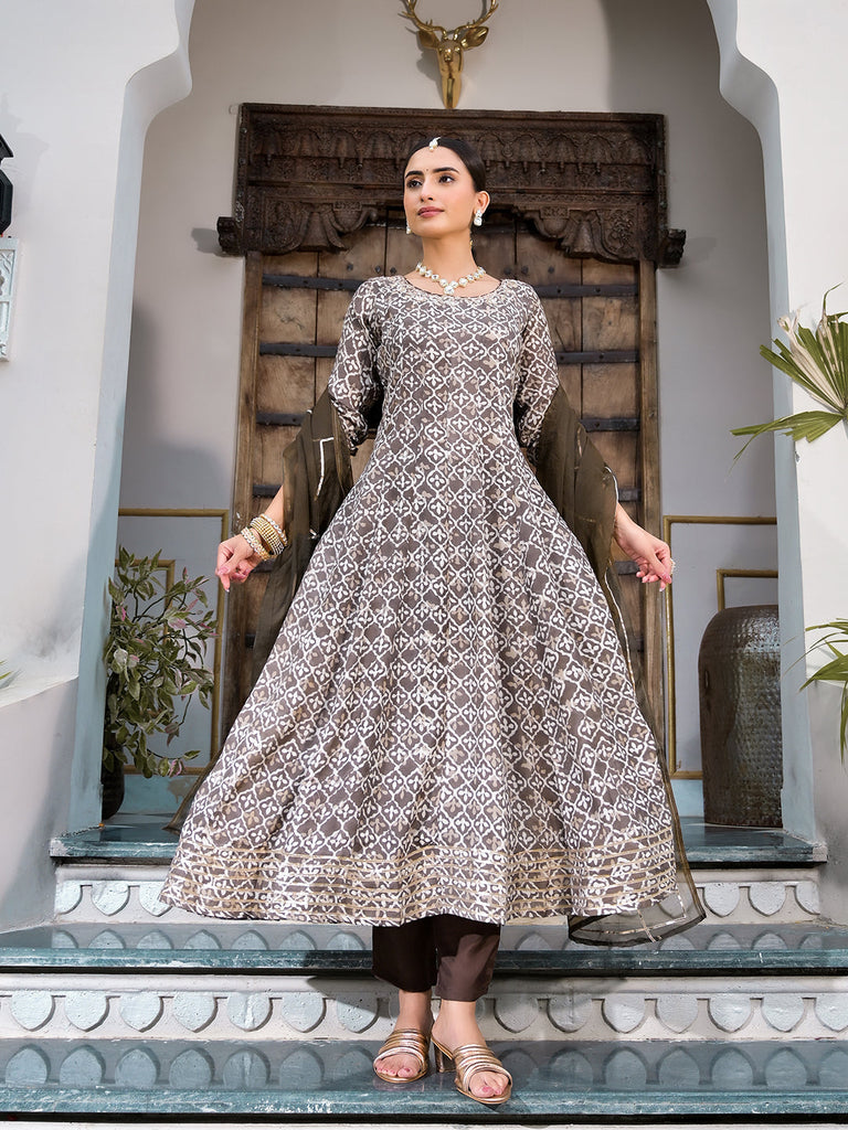 Women's Brown Asymmetric Print Muslin Anarkali kurta pant with Dupatta Set