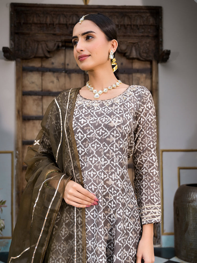 Women's Brown Asymmetric Print Muslin Anarkali kurta pant with Dupatta Set