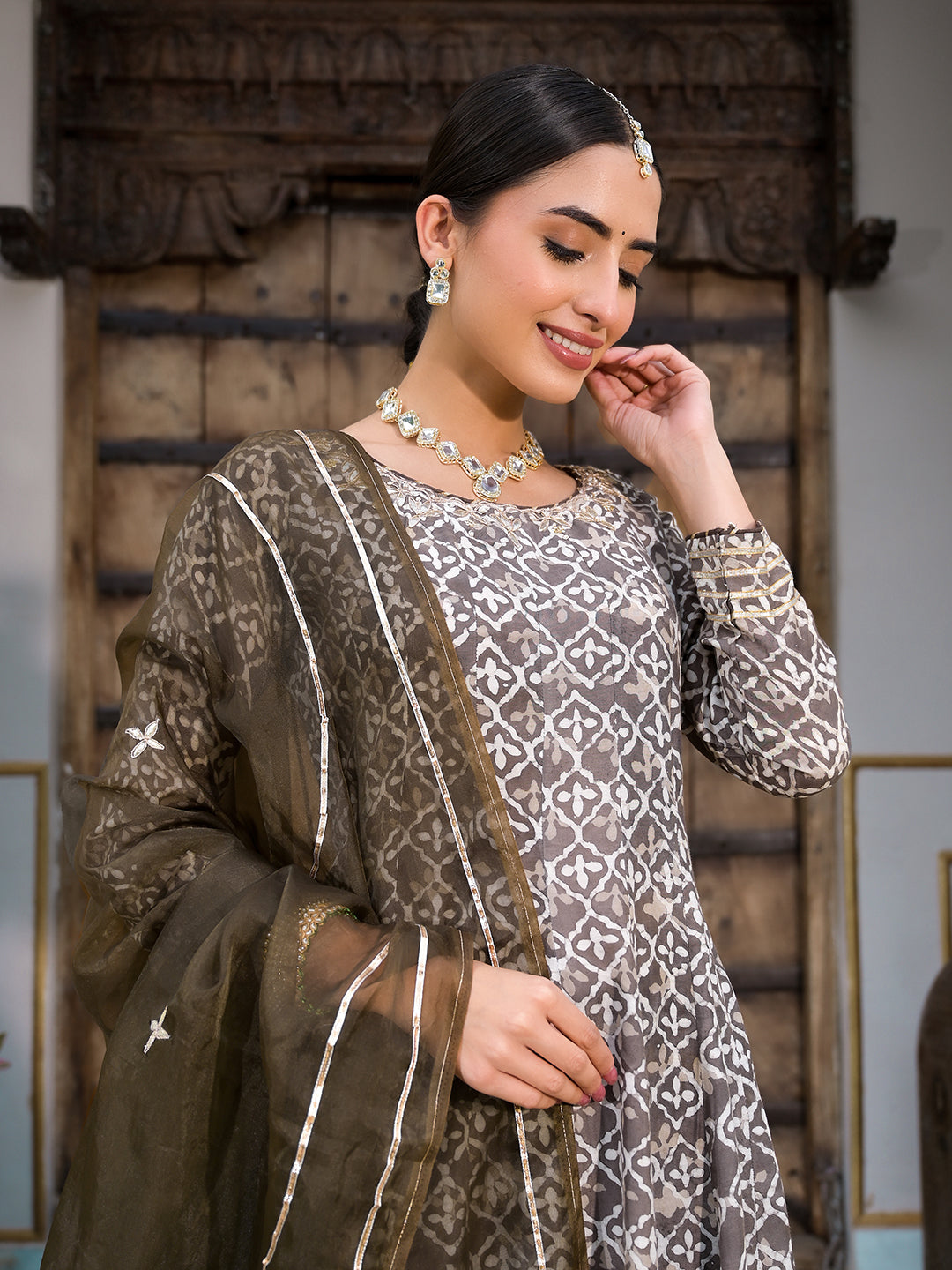 Women's Brown Asymmetric Print Muslin Anarkali kurta pant with Dupatta Set - Taantav