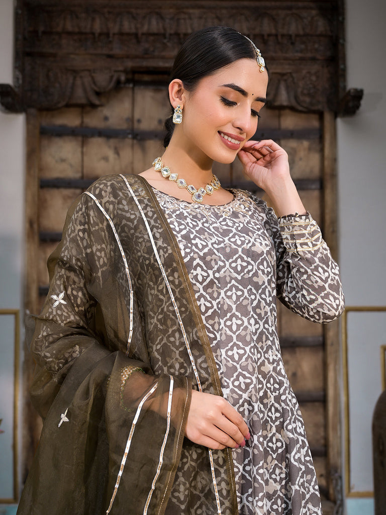 Women's Brown Asymmetric Print Muslin Anarkali kurta pant with Dupatta Set