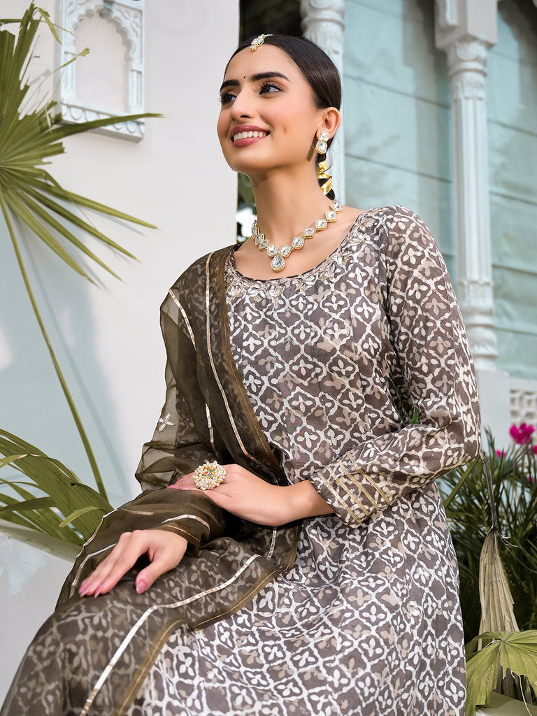Women's Brown Asymmetric Print Muslin Anarkali kurta pant with Dupatta Set