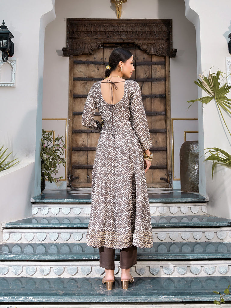 Women's Brown Asymmetric Print Muslin Anarkali kurta pant with Dupatta Set