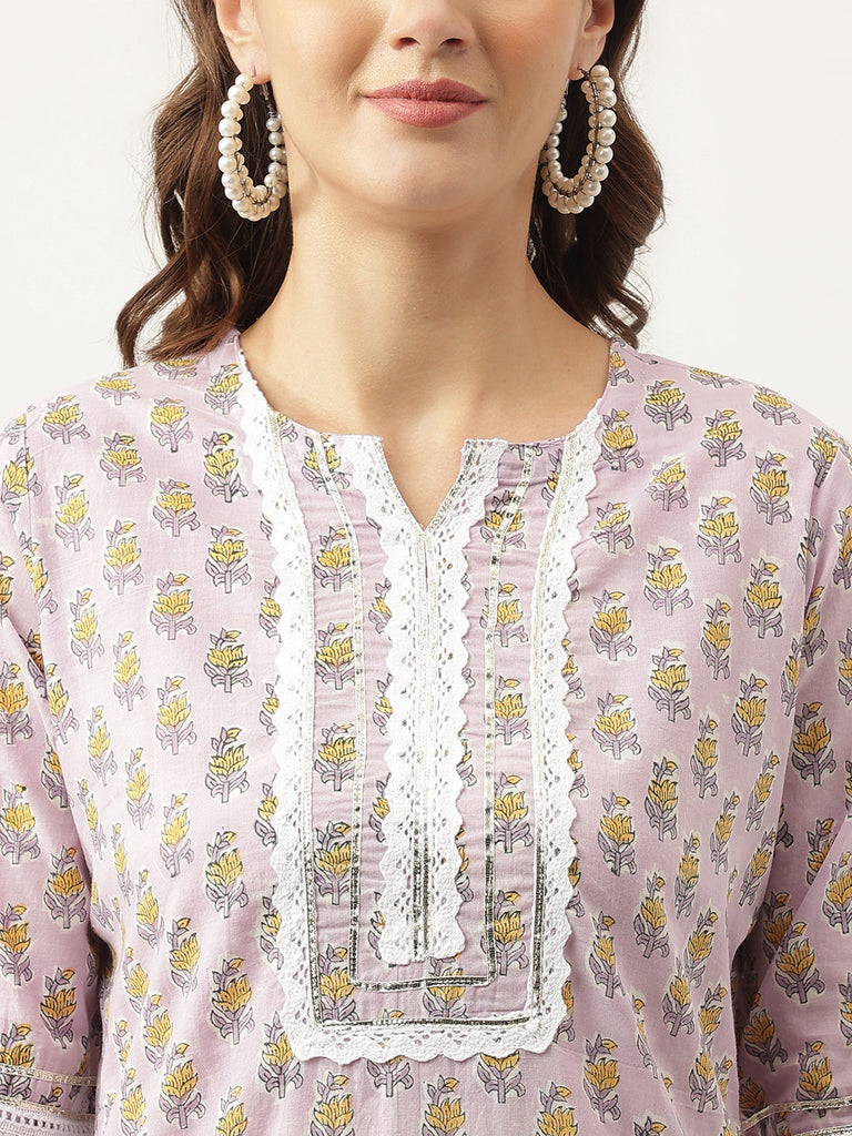 Women's Lavender Printed Cotton Kurta, trouser with Dupatta Set