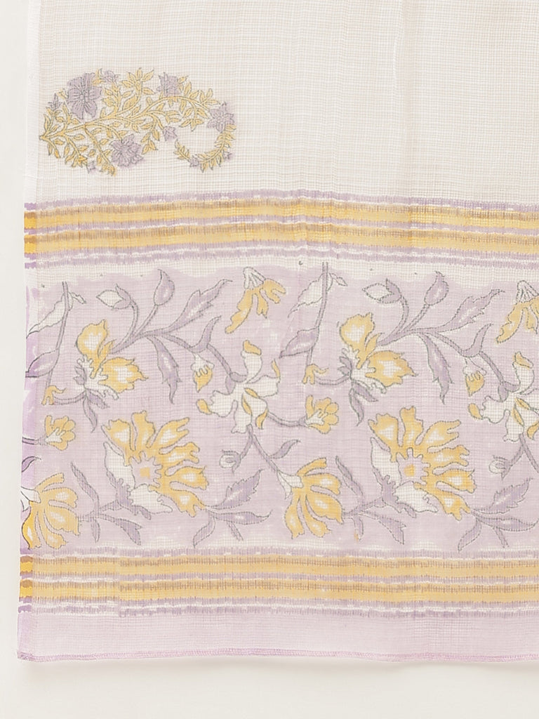 Women's Lavender Printed Cotton Kurta, trouser with Dupatta Set