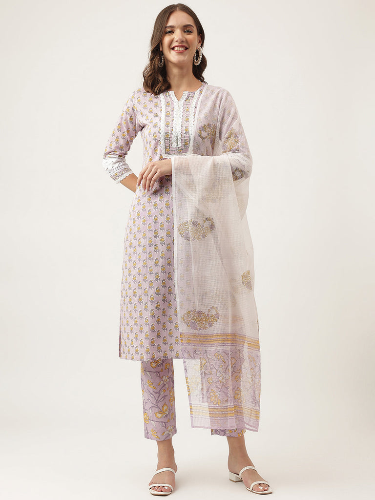 Women's Lavender Printed Cotton Kurta, trouser with Dupatta Set