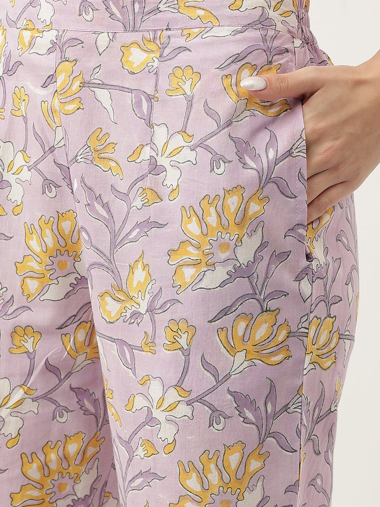 Women's Lavender Printed Cotton Kurta, trouser with Dupatta Set