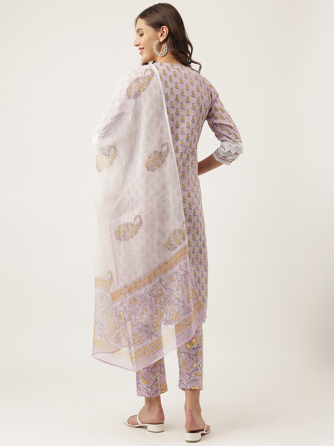 Women's Lavender Printed Cotton Kurta, trouser with Dupatta Set - Taantav