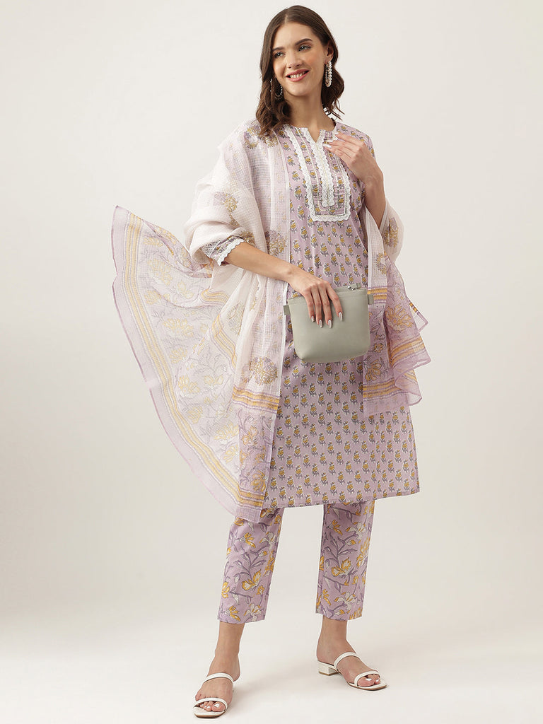 Women's Lavender Printed Cotton Kurta, trouser with Dupatta Set