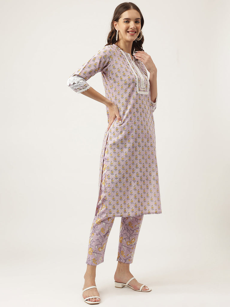 Women's Lavender Printed Cotton Kurta, trouser with Dupatta Set