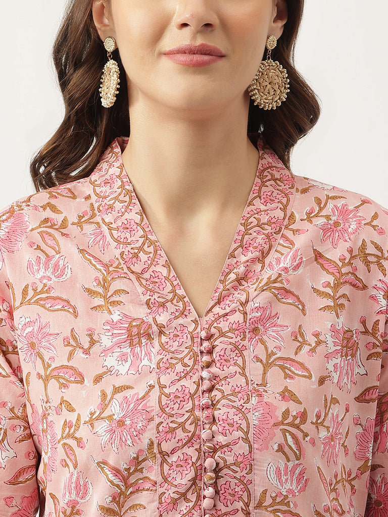 Women's Pink Floral Printed Cotton Kurta, trouser with Dupatta Set