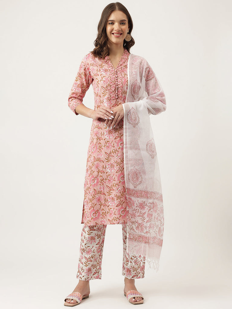 Women's Pink Floral Printed Cotton Kurta, trouser with Dupatta Set
