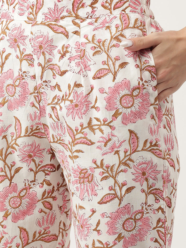 Women's Pink Floral Printed Cotton Kurta, trouser with Dupatta Set