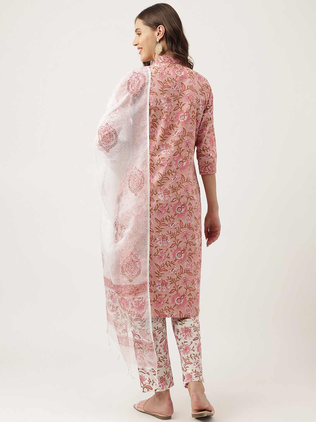 Women's Pink Floral Printed Cotton Kurta, trouser with Dupatta Set - Taantav