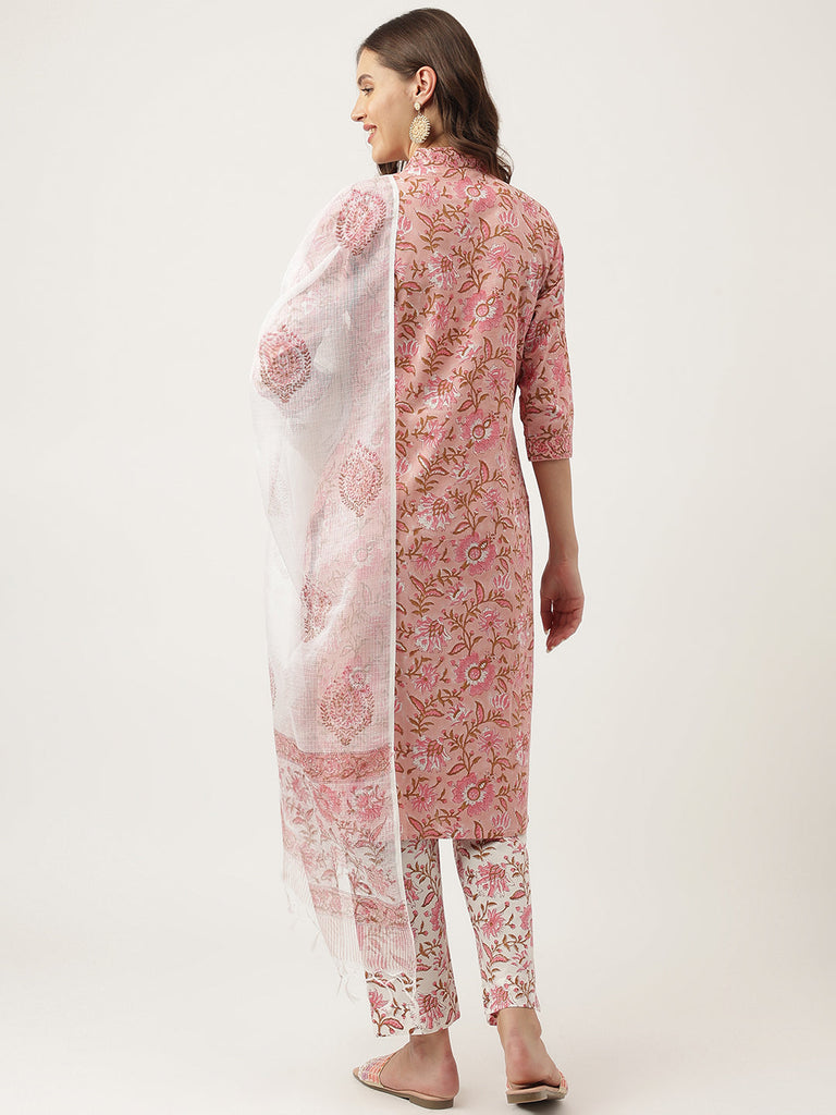 Women's Pink Floral Printed Cotton Kurta, trouser with Dupatta Set