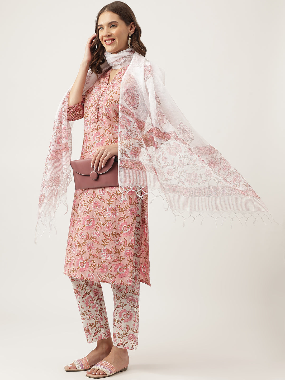 Women's Pink Floral Printed Cotton Kurta, trouser with Dupatta Set - Taantav