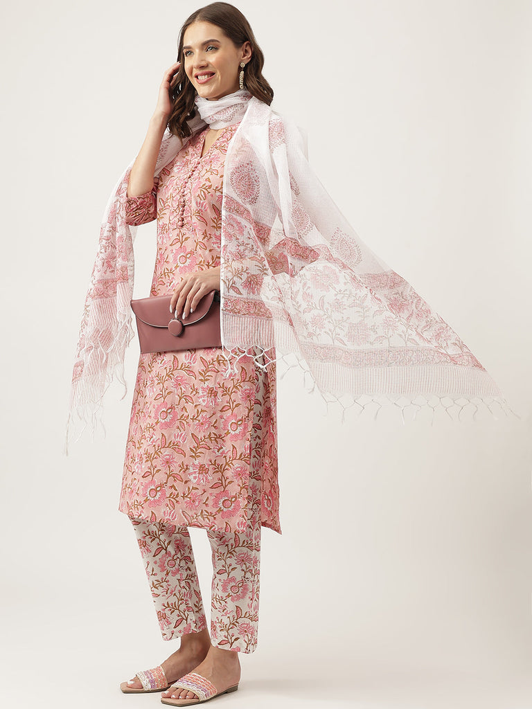 Women's Pink Floral Printed Cotton Kurta, trouser with Dupatta Set