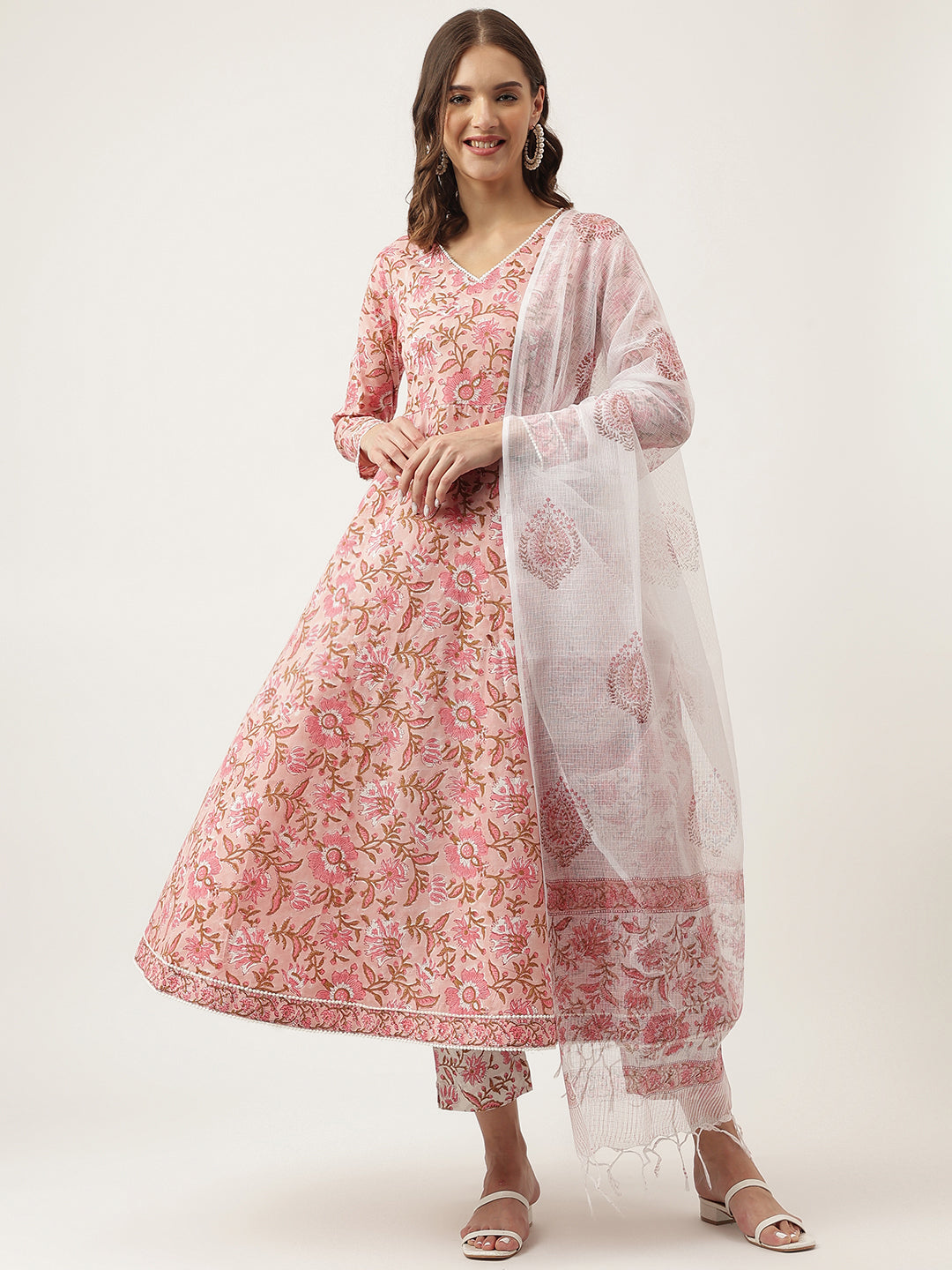 Women's Pink Floral Printed Cotton Anarkali Kurta, trouser with Dupatta Set - Taantav