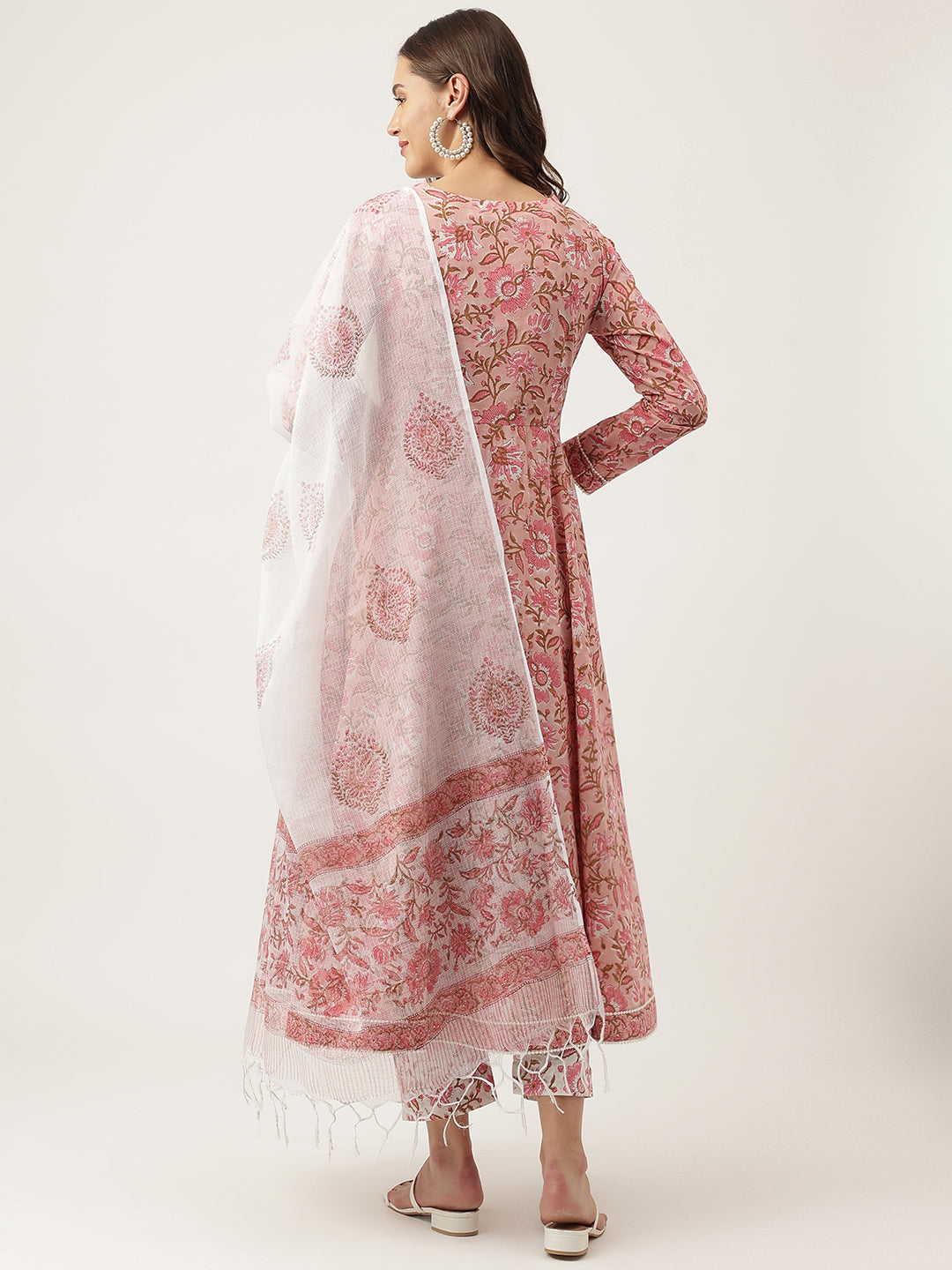 Women's Pink Floral Printed Cotton Anarkali Kurta, trouser with Dupatta Set - Taantav