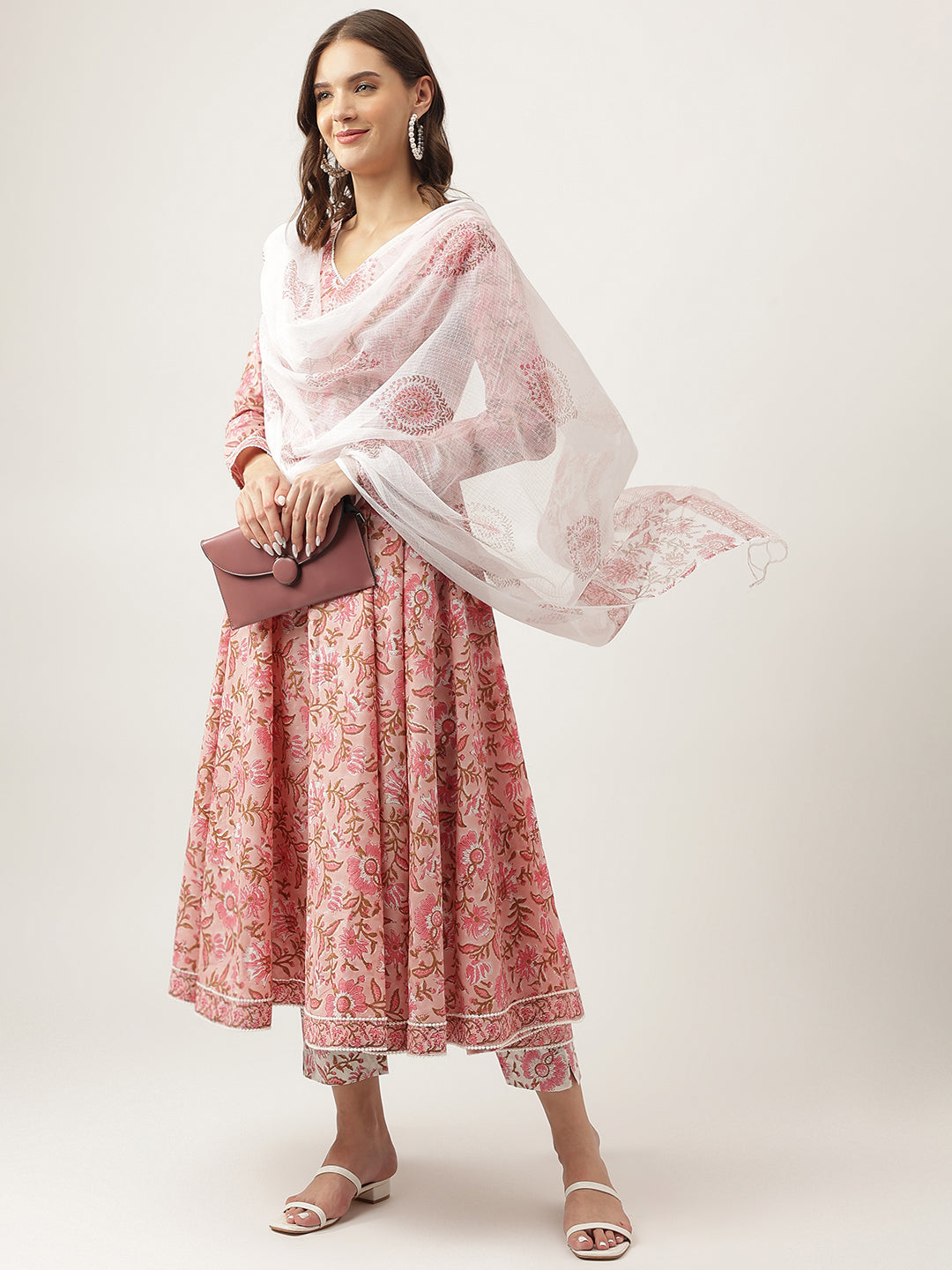 Women's Pink Floral Printed Cotton Anarkali Kurta, trouser with Dupatta Set - Taantav