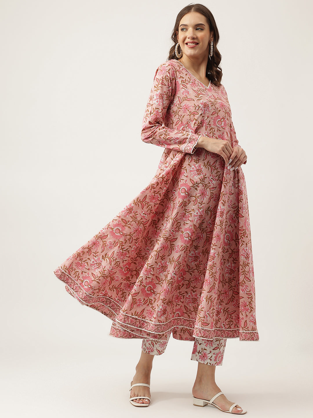 Women's Pink Floral Printed Cotton Anarkali Kurta, trouser with Dupatta Set - Taantav