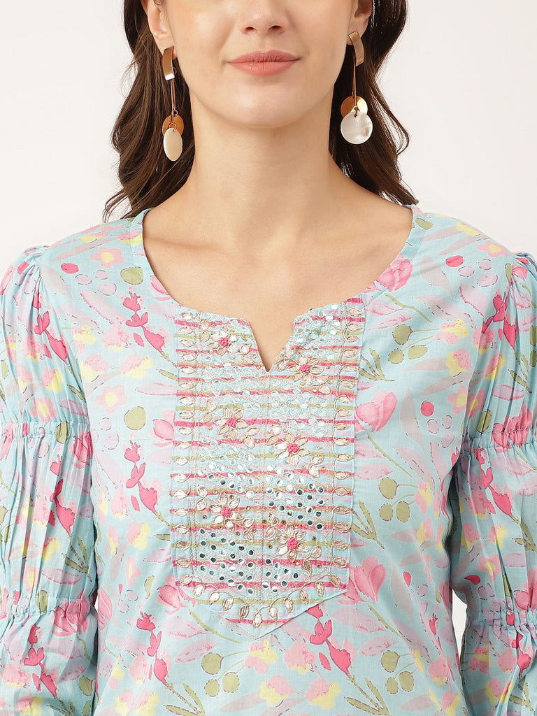 Women's Blue Floral Print Cotton Kurta, Trouser With Dupatta