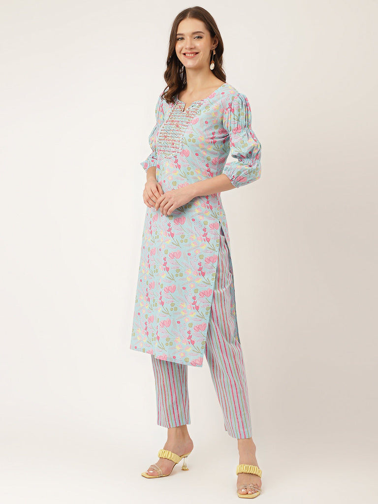 Women's Blue Floral Print Cotton Kurta, Trouser With Dupatta