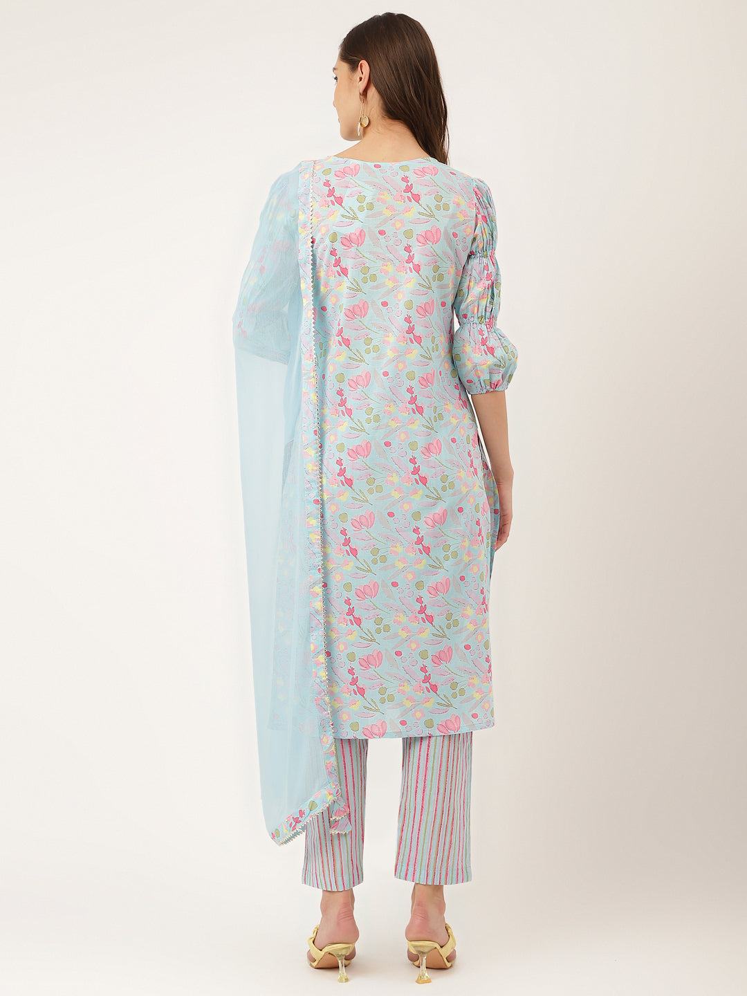 Women's Blue Floral Print Cotton Kurta, Trouser With Dupatta