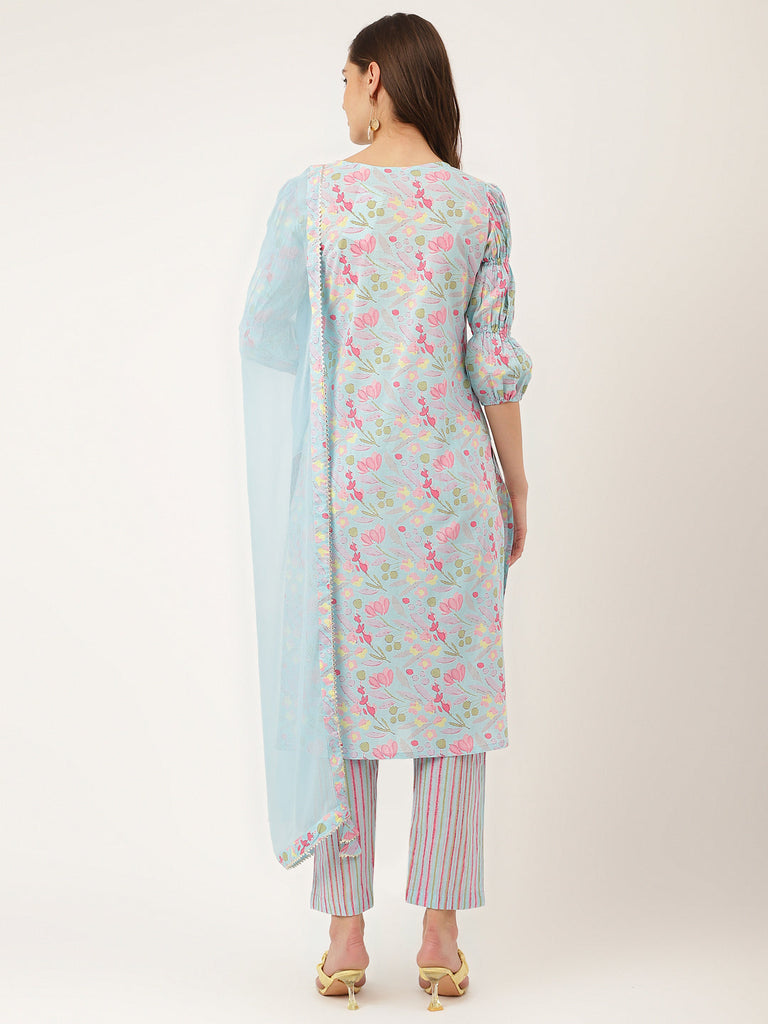 Women's Blue Floral Print Cotton Kurta, Trouser With Dupatta